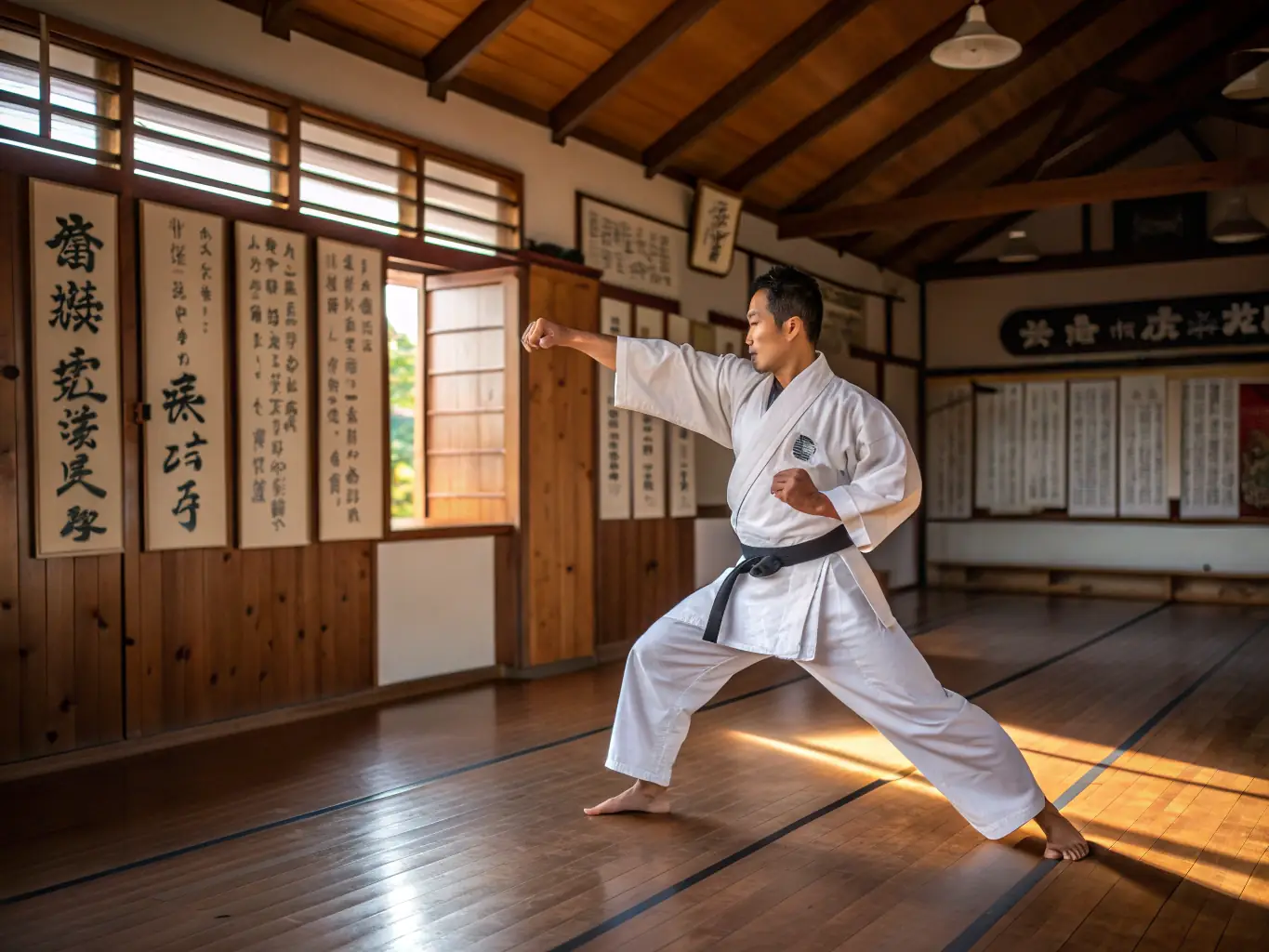 A photograph of a senior karate instructor demonstrating a precise technique to a group of attentive students in a traditional dojo setting, emphasizing the club's experienced instructors.