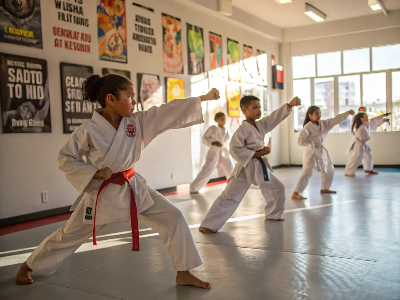 A group of children in karate uniforms practicing stances under the guidance of an instructor in a dojo. The image should convey discipline, focus, and community spirit.