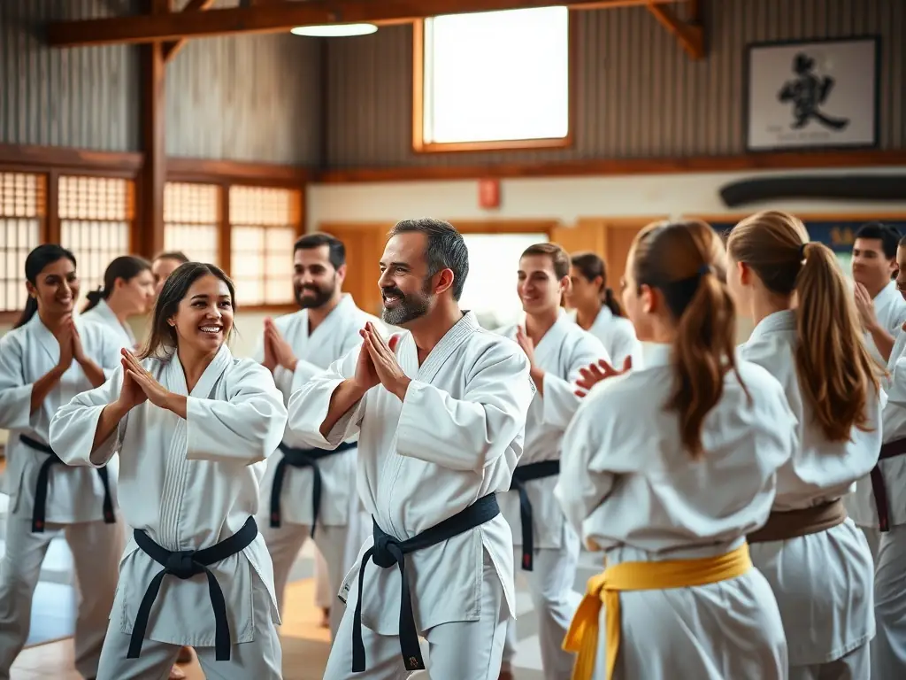 A diverse group of karate students participating in a community event, such as a demonstration or workshop, showcasing the club's involvement in local activities.