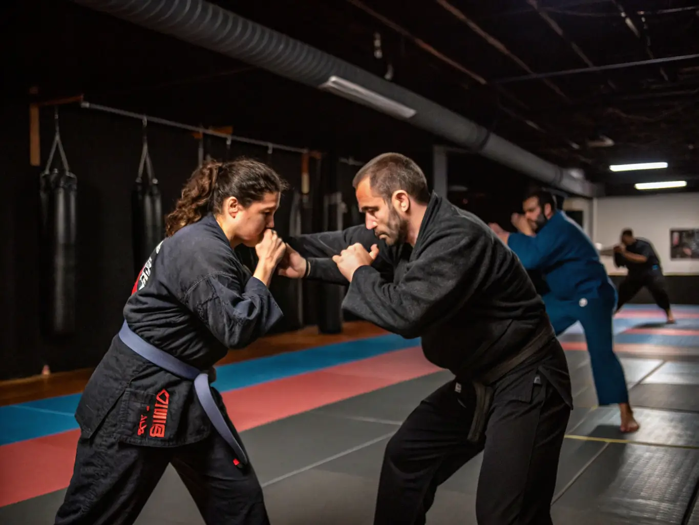 Adults practicing advanced karate techniques in a dojo, showcasing strength, agility, and precision. The image should reflect the dedication and skill of adult practitioners.