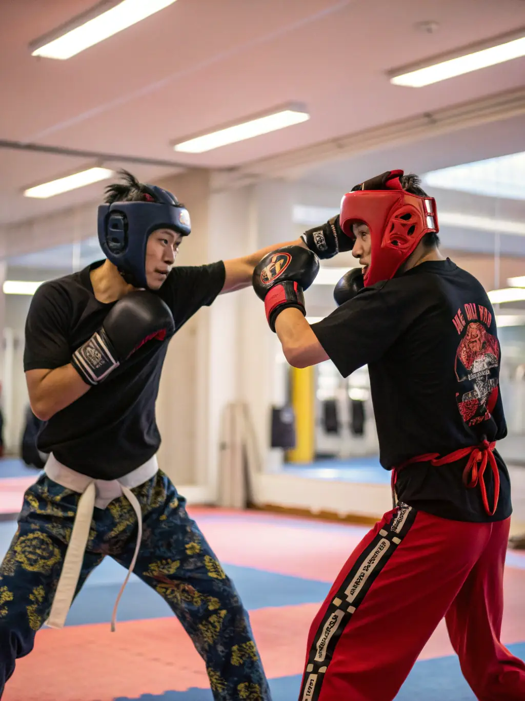 Participants engaging in a kumite sparring session with protective gear, demonstrating controlled combat and technique application.