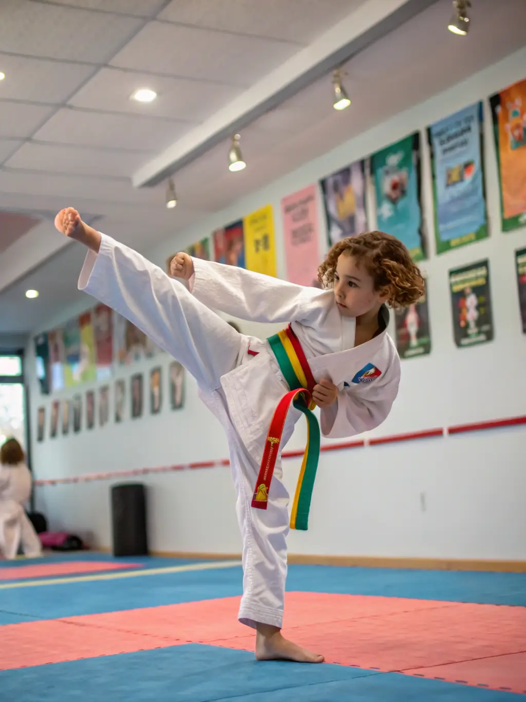 A focused image of a young karate student executing a precise punch during training, embodying discipline and technique.