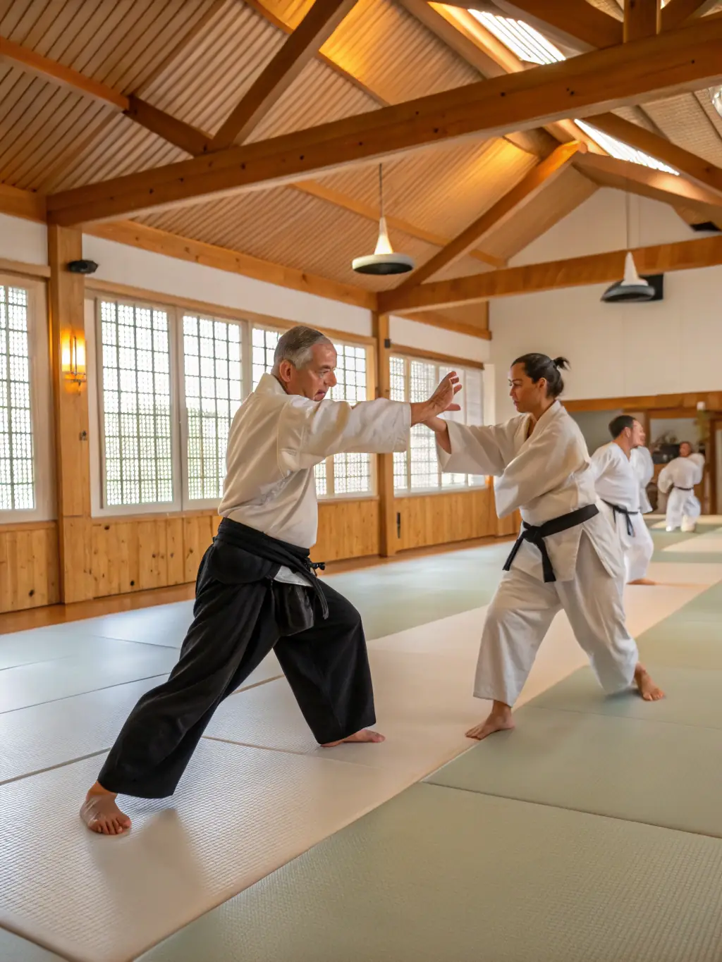 Adults practicing advanced karate techniques, showcasing strength, focus, and precision.