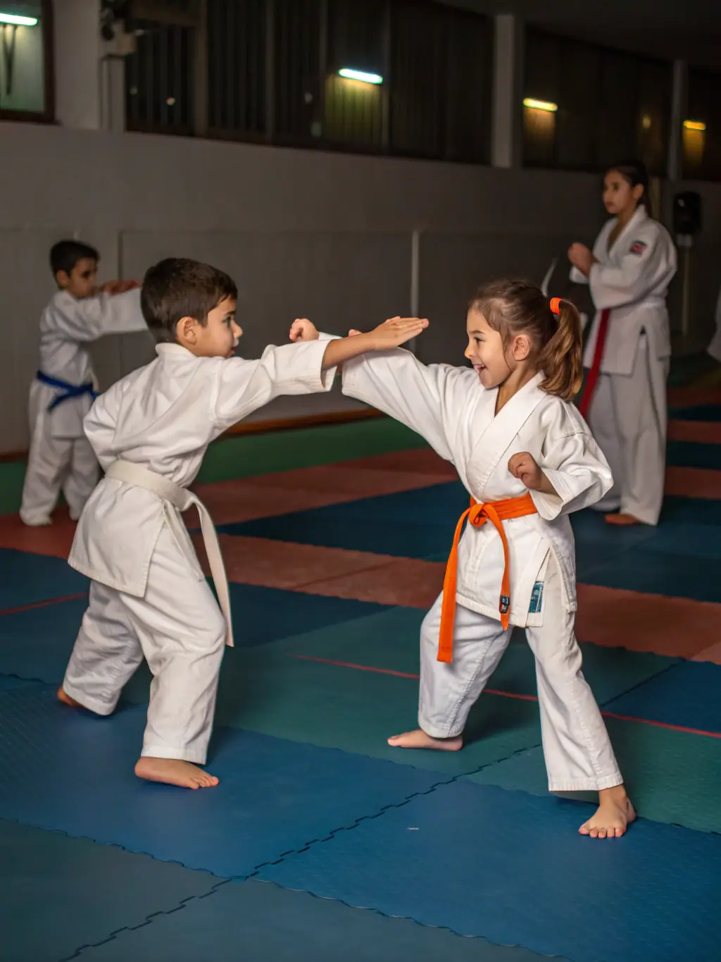 A group of children in karate uniforms practicing basic stances under the guidance of an instructor in a dojo, emphasizing the youth program.